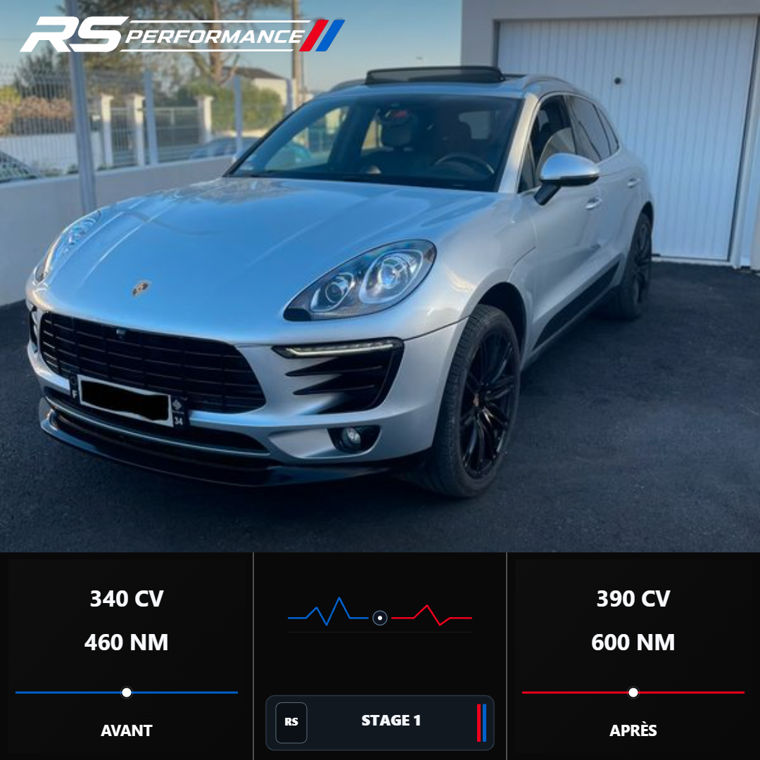 Porsche Macan préparé chez RS Performance Épernay : puissance 340 à 390 ch et couple 460 à 600 Nm